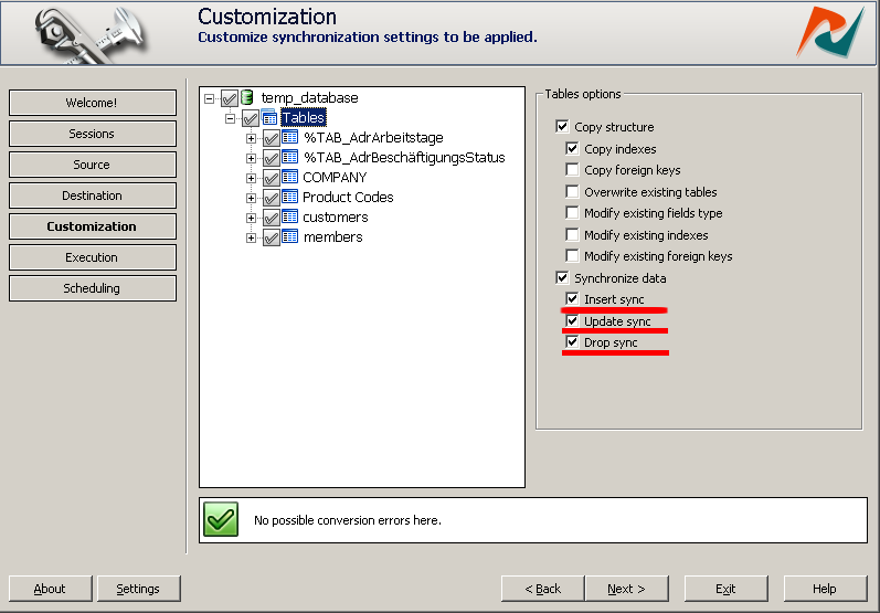 Database synchronization options